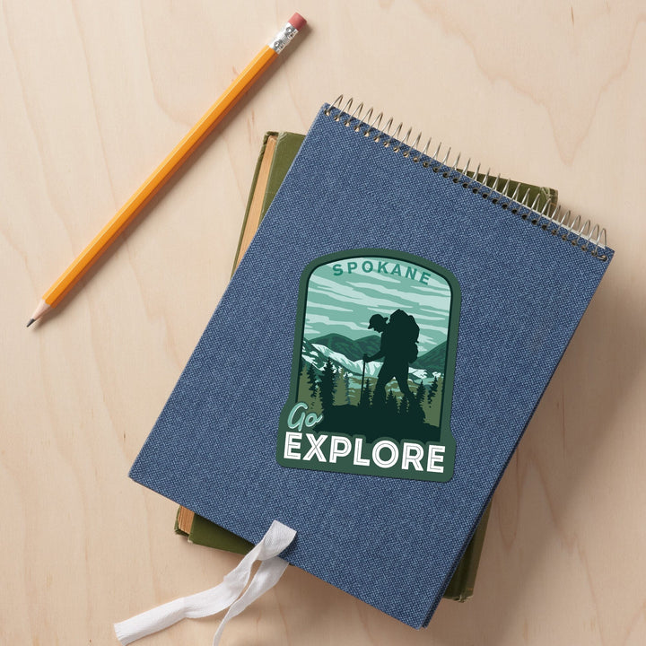 Spokane, Washington, Go Explore, Hiker, Contour, Lantern Press Artwork, Vinyl Sticker Sticker Lantern Press 