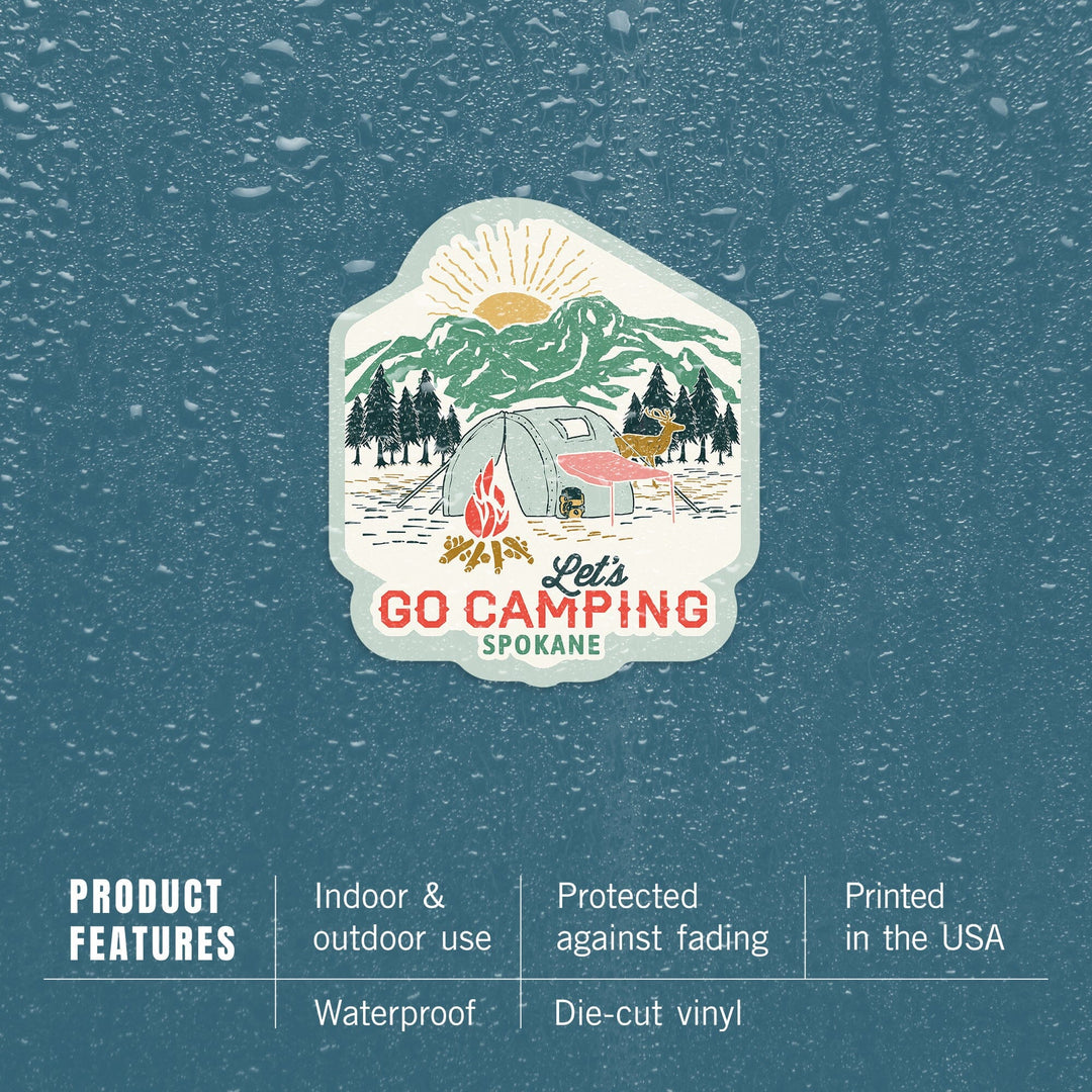 Spokane, Washington, Let's Go Camping, Tent, Contour, Vinyl Sticker Sticker Lantern Press 