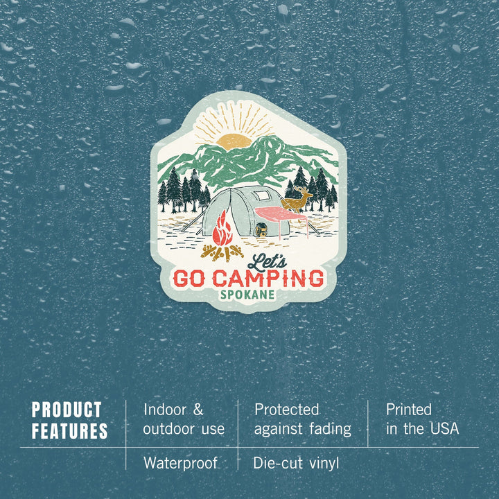 Spokane, Washington, Let's Go Camping, Tent, Contour, Vinyl Sticker Sticker Lantern Press 