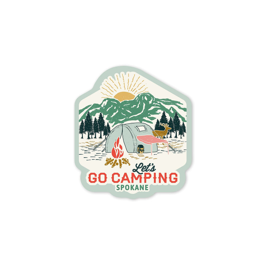 Spokane, Washington, Let's Go Camping, Tent, Contour, Vinyl Sticker Sticker Lantern Press 