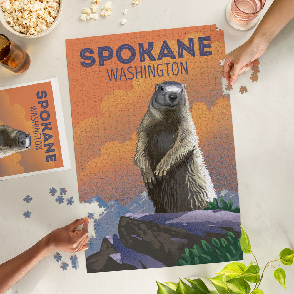 Spokane, Washington, Marmot, Lithograph, Jigsaw Puzzle Puzzle Lantern Press 