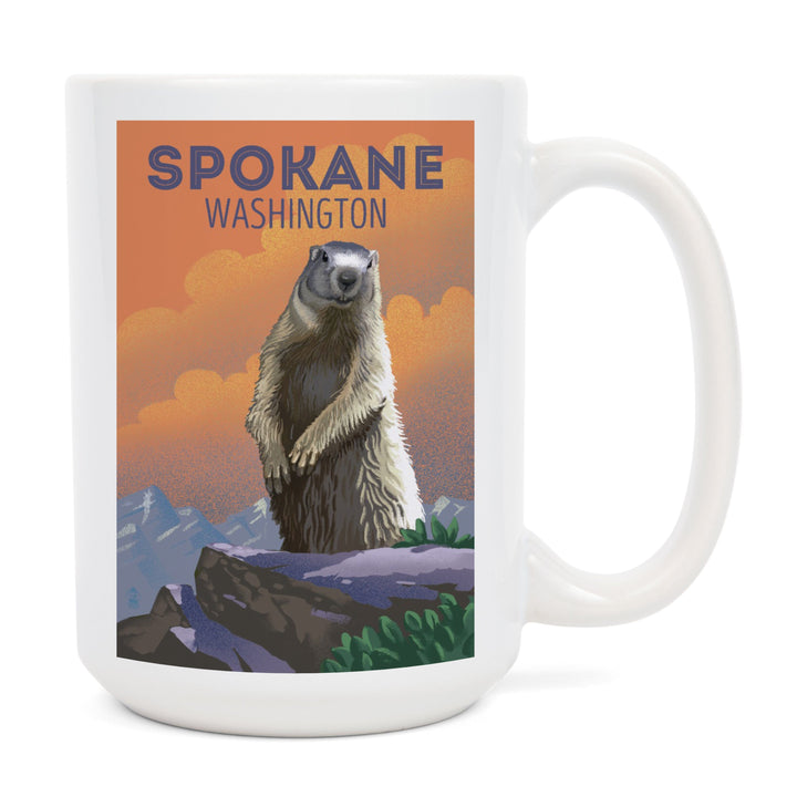 Spokane, Washington, Marmot, Lithograph, Lantern Press Artwork, Ceramic Mug Mugs Lantern Press 