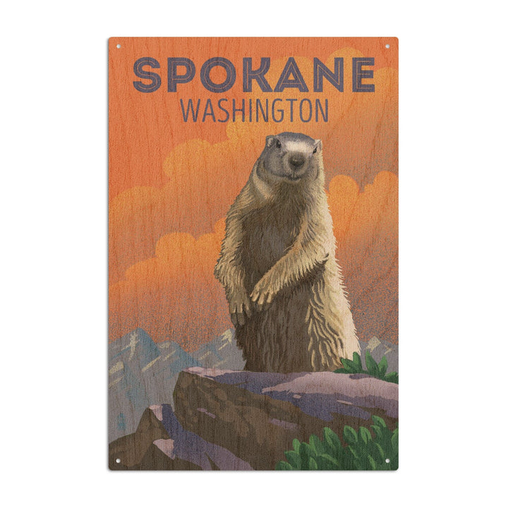 Spokane, Washington, Marmot, Lithograph, Lantern Press Artwork, Wood Signs and Postcards Wood Lantern Press 10 x 15 Wood Sign 