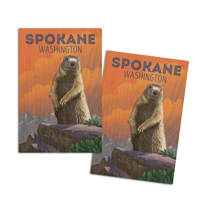 Spokane, Washington, Marmot, Lithograph, Lantern Press Artwork, Wood Signs and Postcards Wood Lantern Press 4x6 Wood Postcard Set 