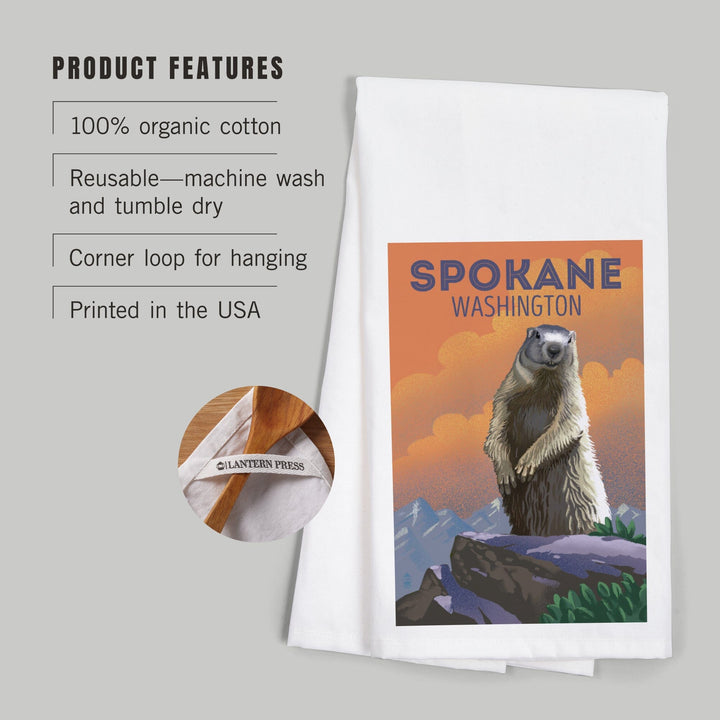 Spokane, Washington, Marmot, Lithograph, Organic Cotton Kitchen Tea Towels Kitchen Lantern Press 