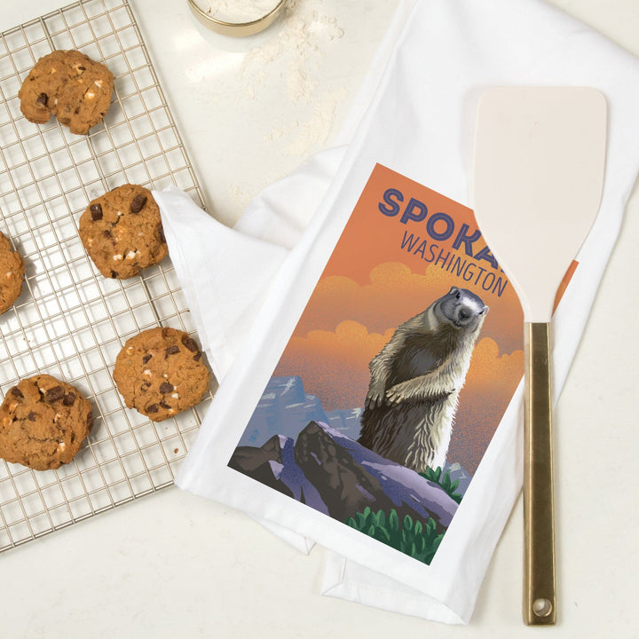 Spokane, Washington, Marmot, Lithograph, Organic Cotton Kitchen Tea Towels Kitchen Lantern Press 