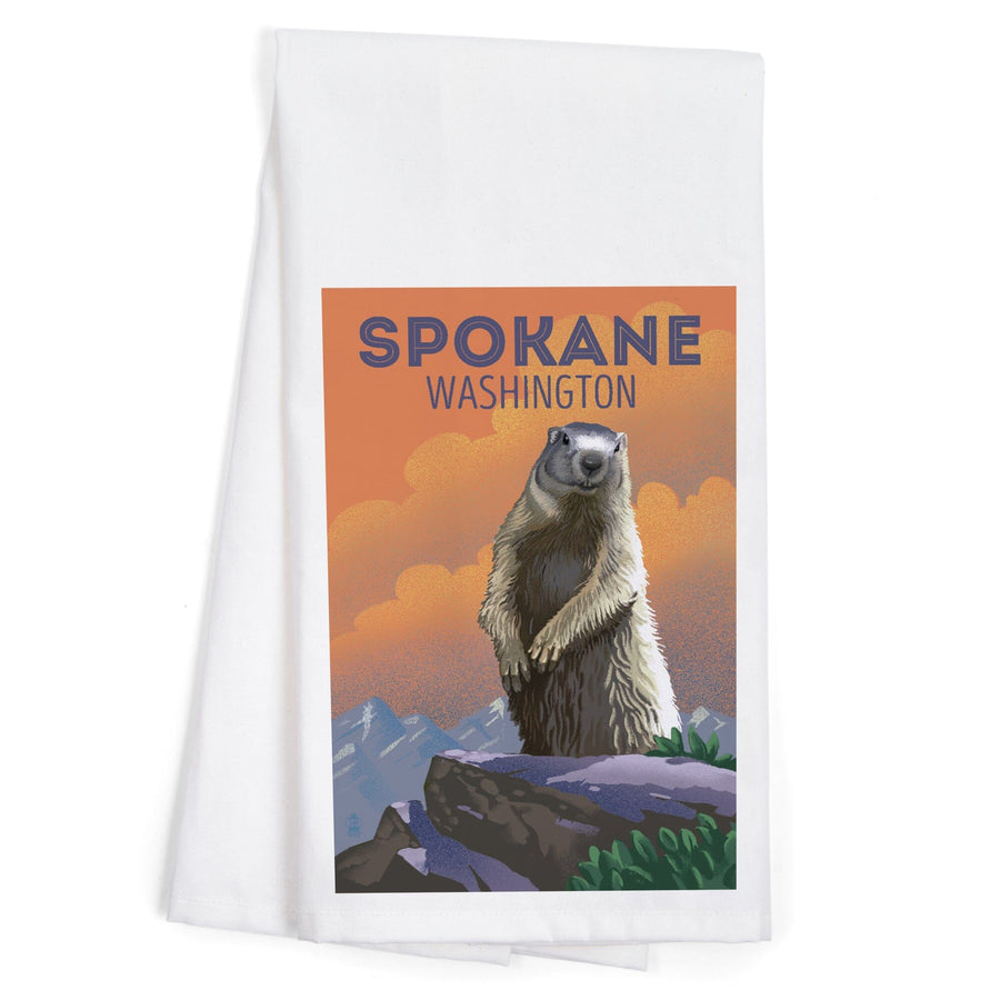 Spokane, Washington, Marmot, Lithograph, Organic Cotton Kitchen Tea Towels Kitchen Lantern Press 