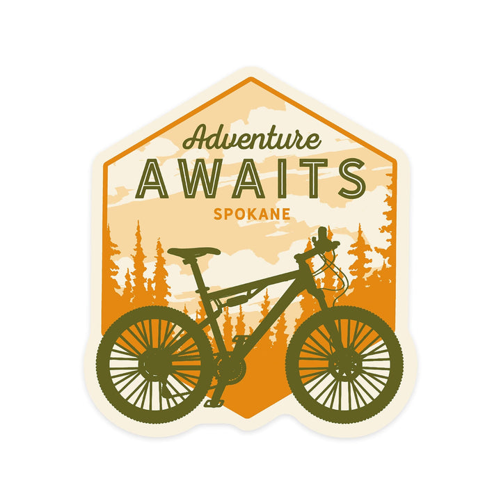 Spokane, Washington, Mountain Bike, Adventure Awaits, Contour, Lantern Press Artwork, Vinyl Sticker Sticker Lantern Press 