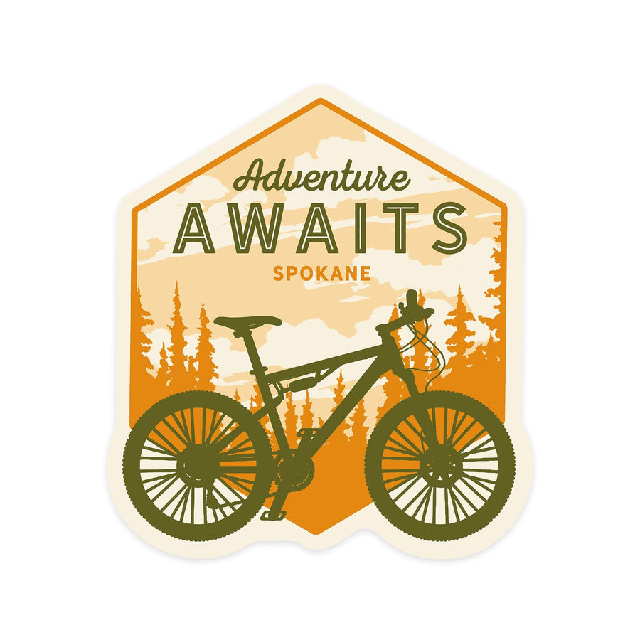 Spokane, Washington, Mountain Bike, Adventure Awaits, Contour, Lantern Press Artwork, Vinyl Sticker Sticker Lantern Press 