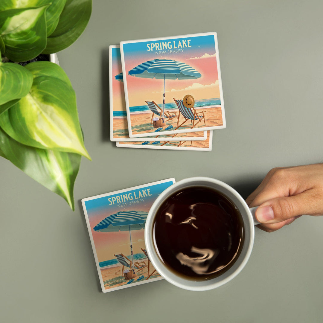 Spring Lake, New Jersey, Lithograph, Beach Chair and Umbrella, Coasters Coasters Lantern Press 