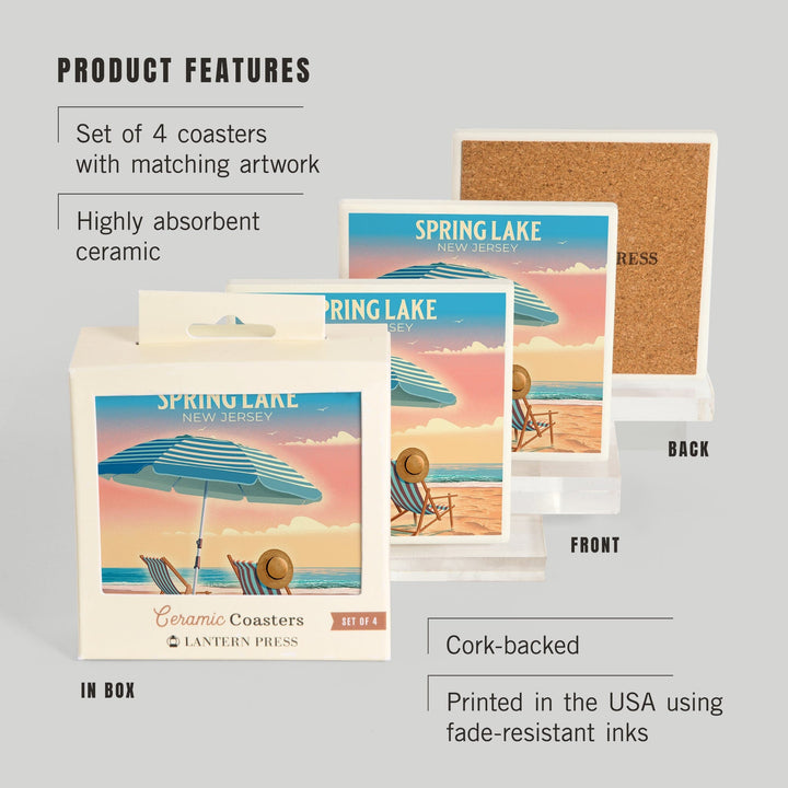 Spring Lake, New Jersey, Lithograph, Beach Chair and Umbrella, Coasters Coasters Lantern Press 