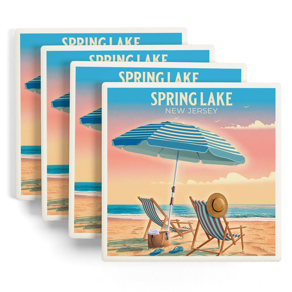 Spring Lake, New Jersey, Lithograph, Beach Chair and Umbrella, Coasters Coasters Lantern Press 