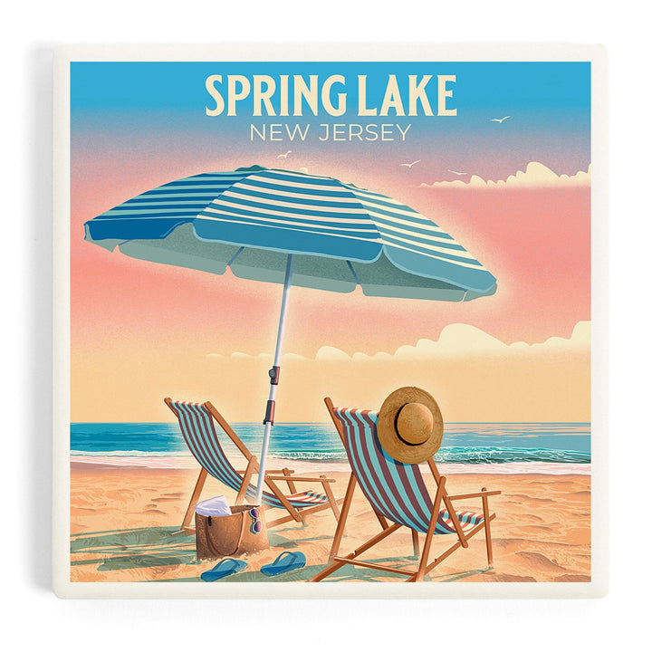 Spring Lake, New Jersey, Lithograph, Beach Chair and Umbrella, Coasters Coasters Lantern Press Coaster 