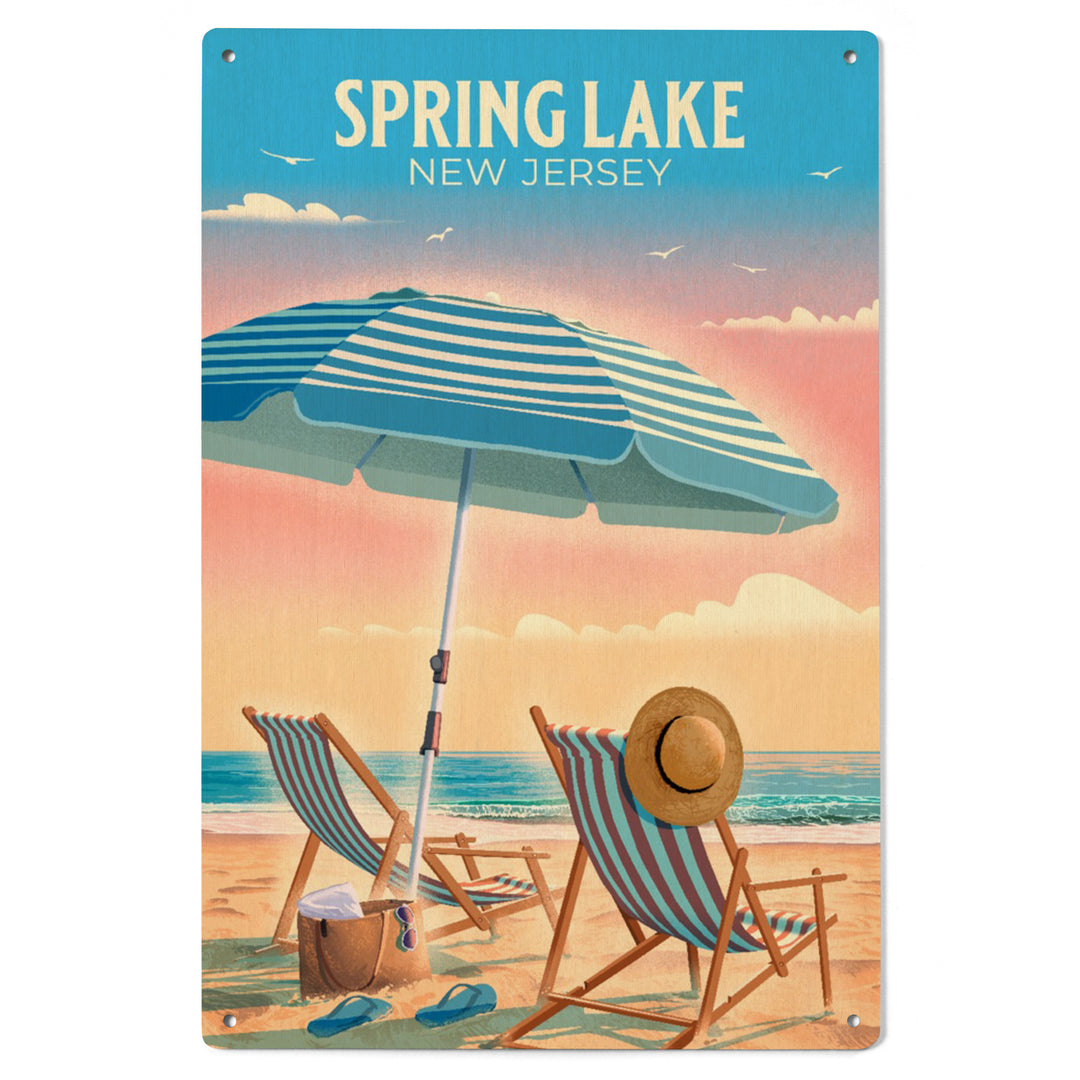 Spring Lake, New Jersey, Lithograph, Beach Chair and Umbrella, Wood Signs and Postcards Wood Lantern Press 