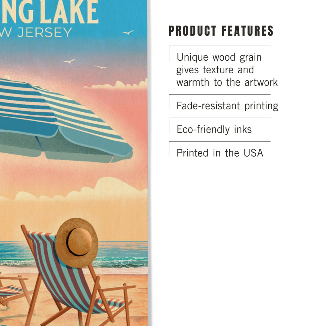 Spring Lake, New Jersey, Lithograph, Beach Chair and Umbrella, Wood Signs and Postcards Wood Lantern Press 