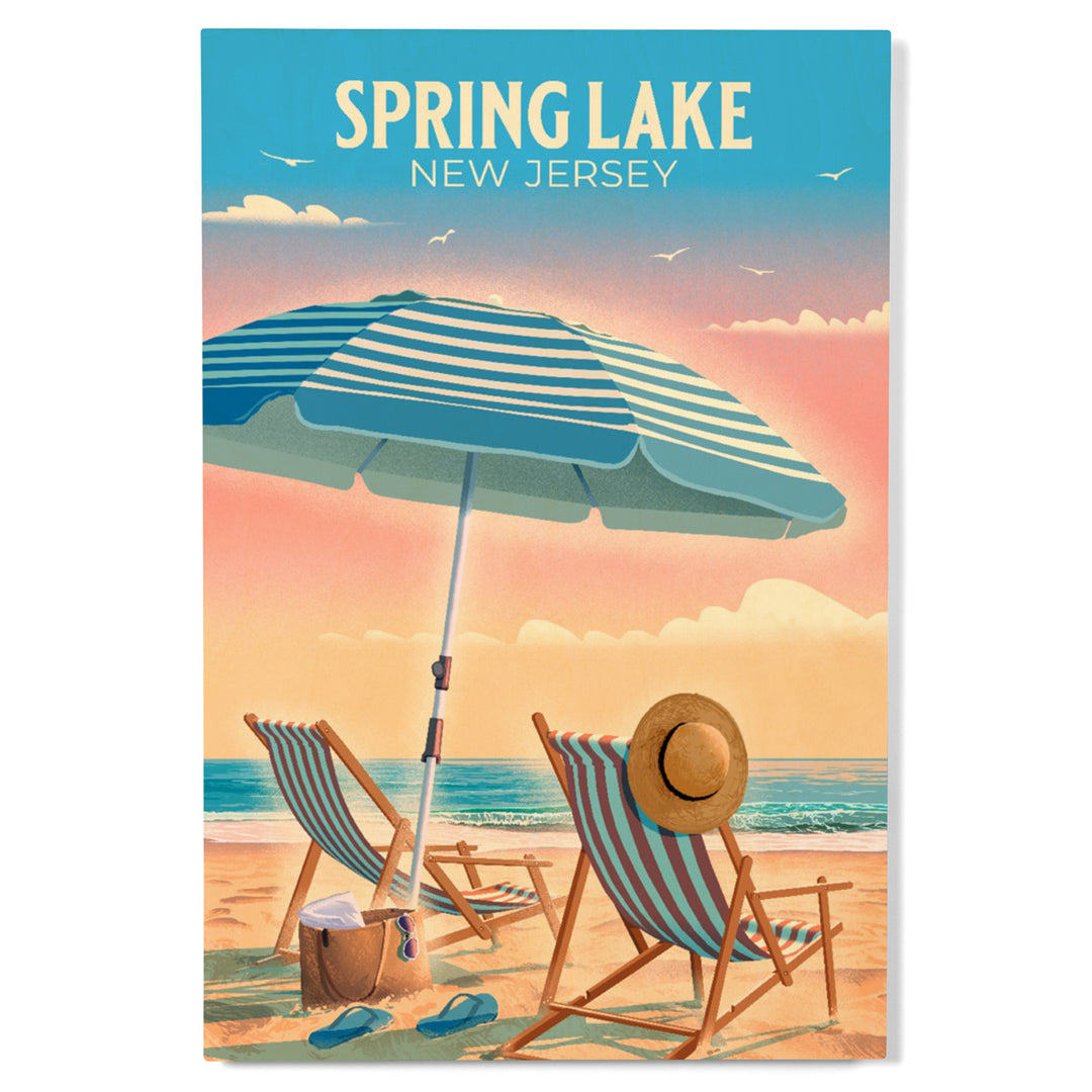 Spring Lake, New Jersey, Lithograph, Beach Chair and Umbrella, Wood Signs and Postcards Wood Lantern Press 