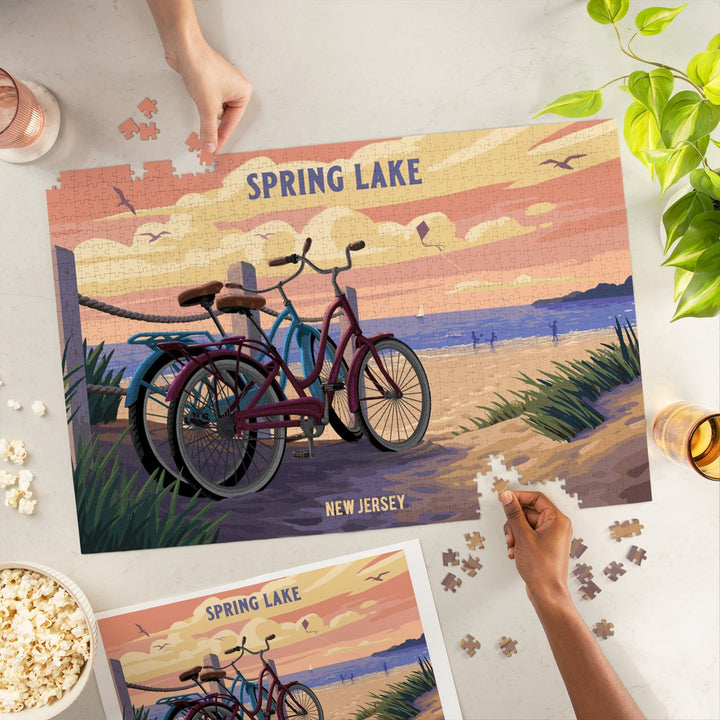 Spring Lake, New Jersey, Painterly, The Beach Is Calling, Beach Bikes, Jigsaw Puzzle Puzzle Lantern Press 