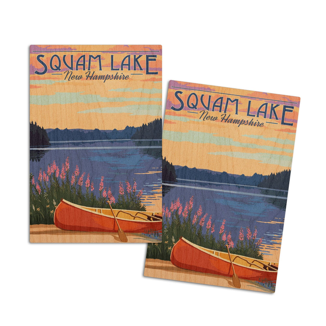 Squam Lake, New Hampshire, Canoe & Lake, Lantern Press Artwork, Wood Signs and Postcards Wood Lantern Press 4x6 Wood Postcard Set 