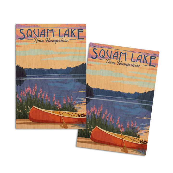 Squam Lake, New Hampshire, Canoe & Lake, Lantern Press Artwork, Wood Signs and Postcards Wood Lantern Press 4x6 Wood Postcard Set 