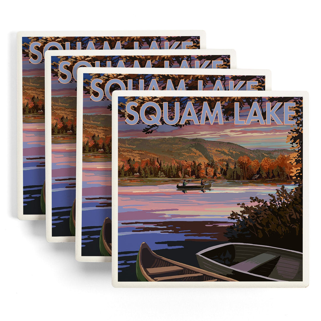 Squam Lake, New Hampshire, Lake at Dusk, Lantern Press Artwork, Coaster Set Coasters Lantern Press 