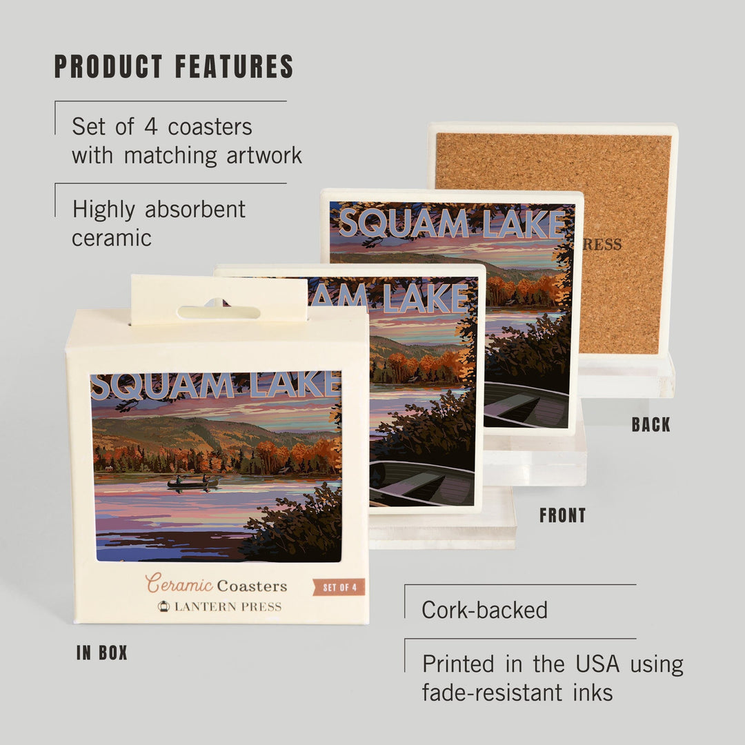 Squam Lake, New Hampshire, Lake at Dusk, Lantern Press Artwork, Coaster Set Coasters Lantern Press 