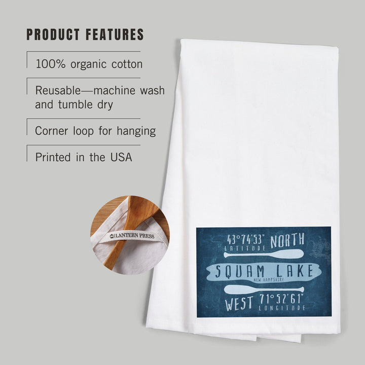 Squam Lake, New Hampshire, Lake Essentials, Latitude and Longitude, Organic Cotton Kitchen Tea Towels Kitchen Lantern Press 