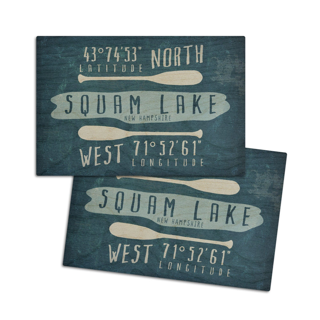 Squam Lake, New Hampshire, Lake Essentials, Latitude & Longitude, Lantern Press Artwork, Wood Signs and Postcards Wood Lantern Press 4x6 Wood Postcard Set 