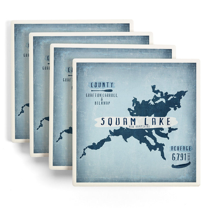 Squam Lake, New Hampshire, Lake Essentials, Shape, Acreage & County, Lantern Press Artwork, Coaster Set Coasters Lantern Press 