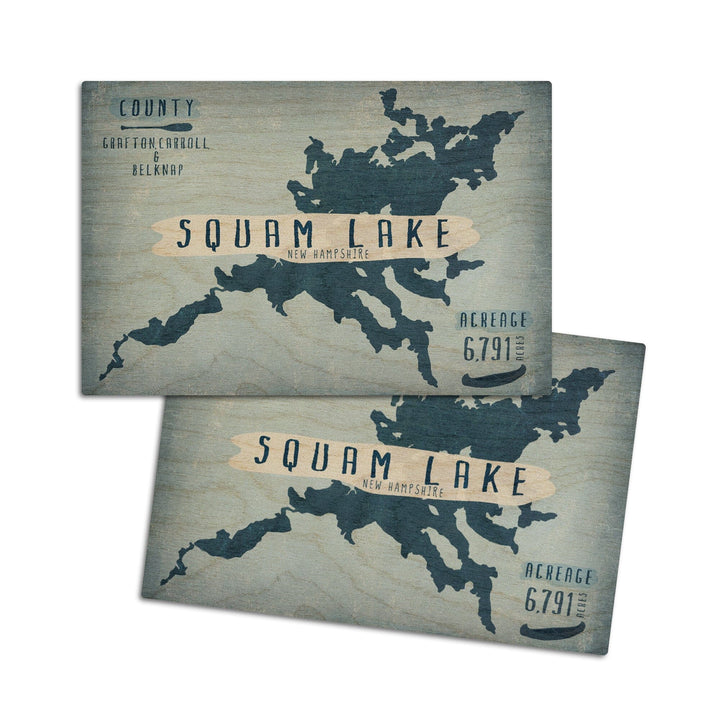 Squam Lake, New Hampshire, Lake Essentials, Shape, Acreage & County, Lantern Press Artwork, Wood Signs and Postcards Wood Lantern Press 4x6 Wood Postcard Set 