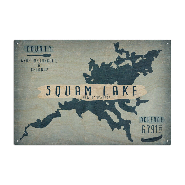 Squam Lake, New Hampshire, Lake Essentials, Shape, Acreage & County, Lantern Press Artwork, Wood Signs and Postcards Wood Lantern Press 6x9 Wood Sign 