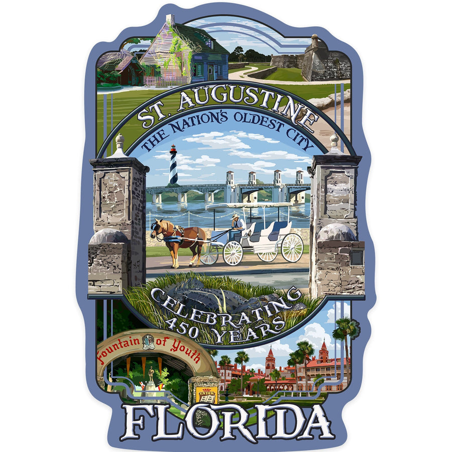 St Augustine, Florida, Celebrating 450 Years, Montage Scenes, Contour, Lantern Press Artwork, Vinyl Sticker Sticker Lantern Press 