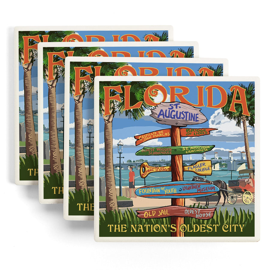 St. Augustine, Florida, Destinations Sign, Lantern Press Artwork, Coaster Set Coasters Lantern Press 