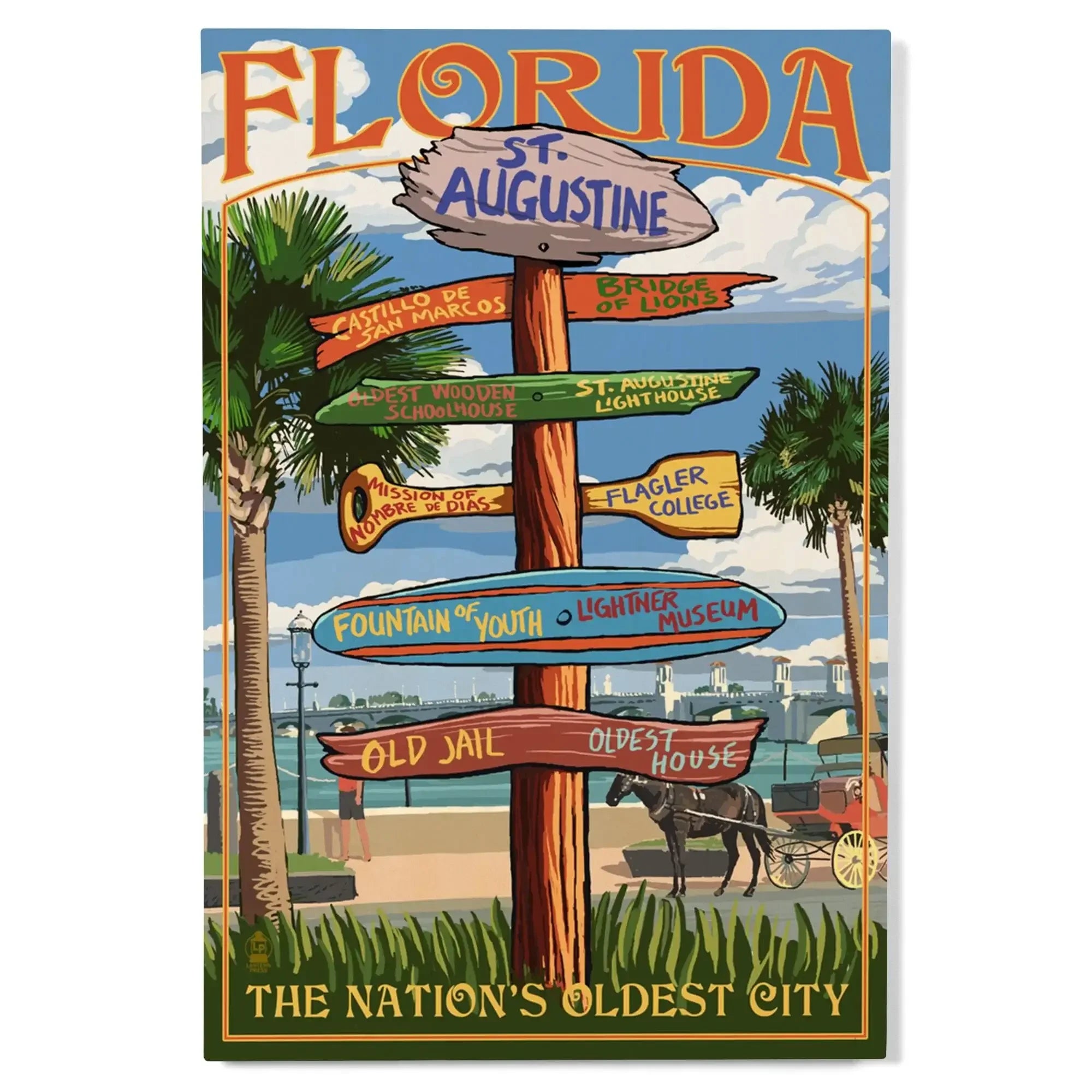 St. Augustine, Florida, Destinations Sign, Lantern Press Artwork, Wood