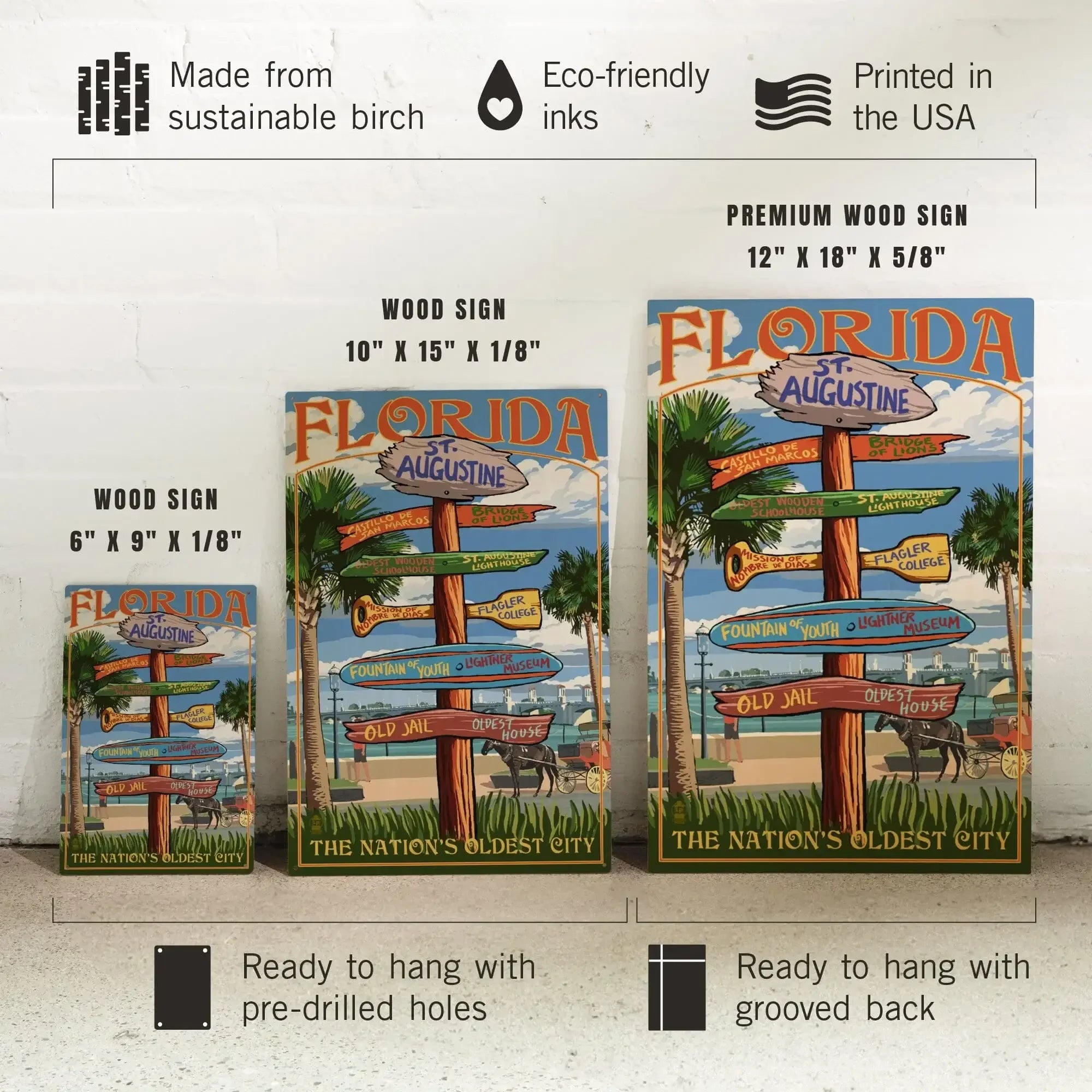 St. Augustine, Florida, Destinations Sign, Lantern Press Artwork, Wood