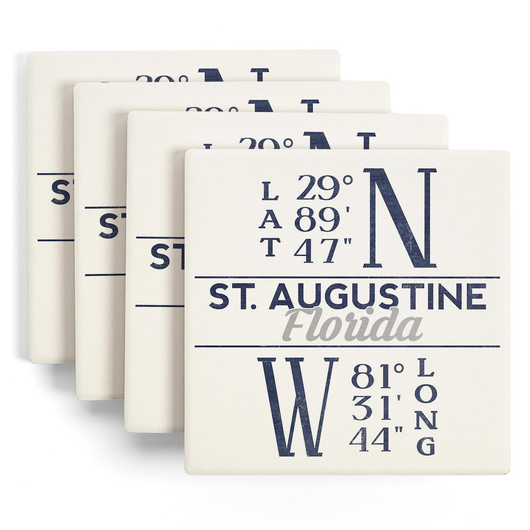 St. Augustine, Florida, Latitude & Longitude (Blue), Lantern Press Artwork, Coaster Set Coasters Lantern Press 