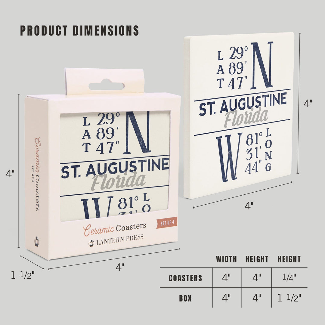 St. Augustine, Florida, Latitude & Longitude (Blue), Lantern Press Artwork, Coaster Set Coasters Lantern Press 