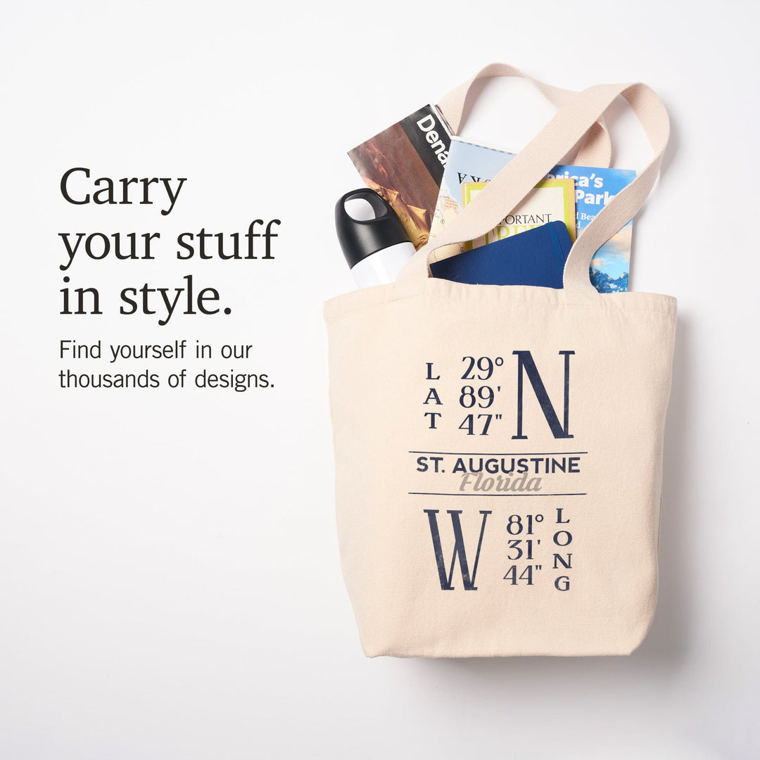 St. Augustine, Florida, Latitude & Longitude (Blue), Lantern Press Artwork, Tote Bag Totes Lantern Press 