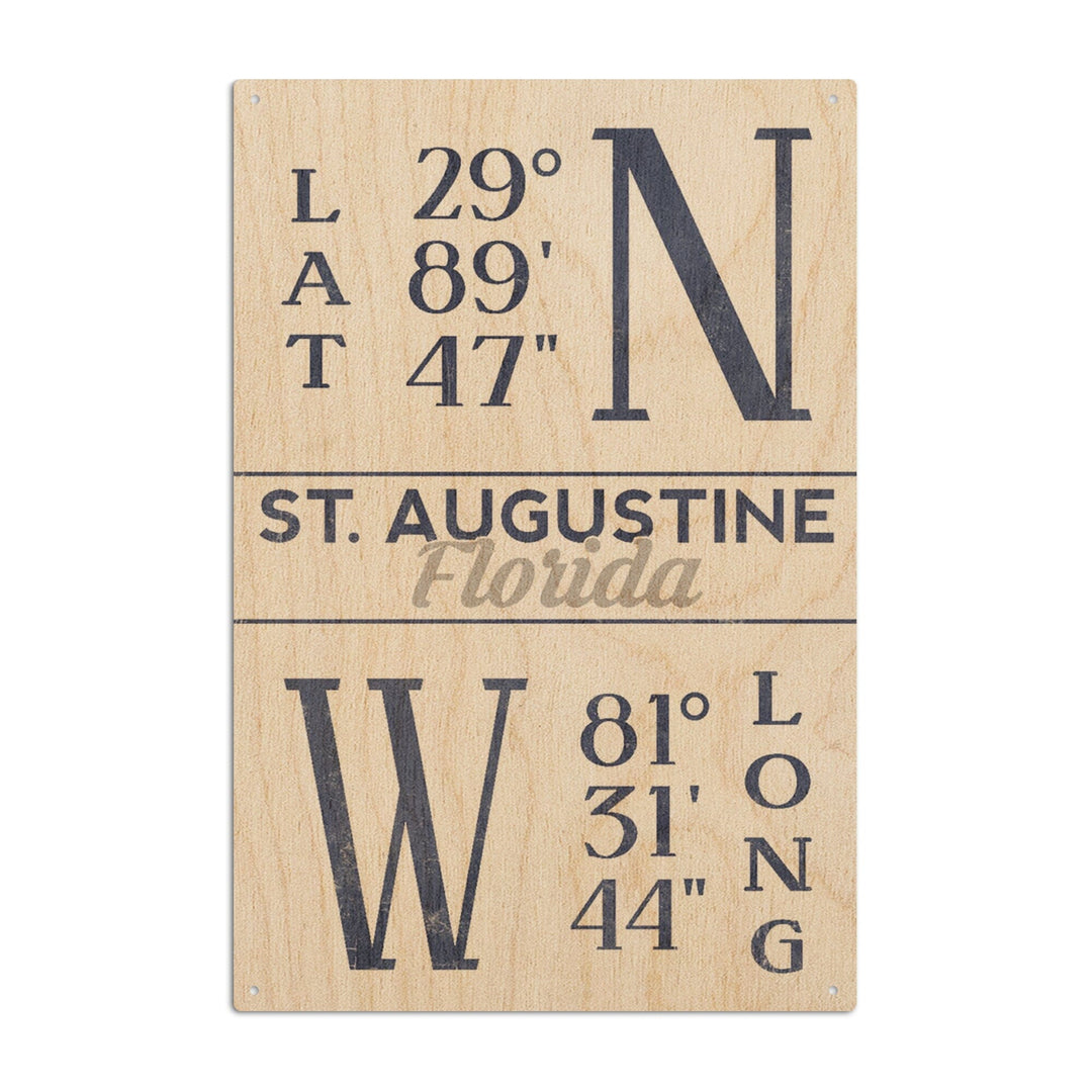 St. Augustine, Florida, Latitude & Longitude (Blue), Lantern Press Artwork, Wood Signs and Postcards Wood Lantern Press 10 x 15 Wood Sign 