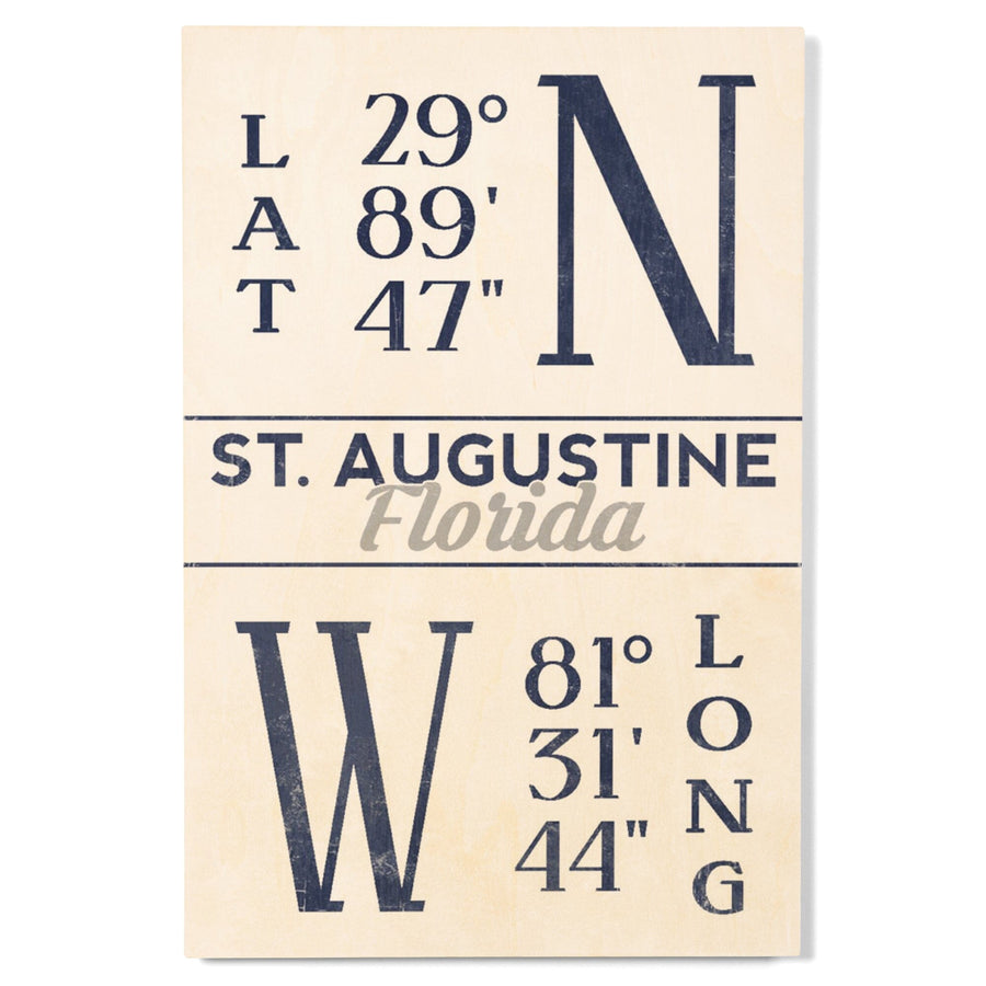 St. Augustine, Florida, Latitude & Longitude (Blue), Lantern Press Artwork, Wood Signs and Postcards Wood Lantern Press 