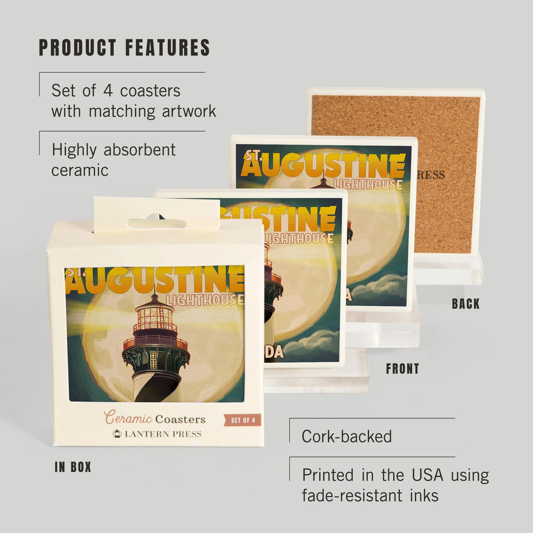 St. Augustine, Florida, Lighthouse and Moon, Coasters Coasters Lantern Press 
