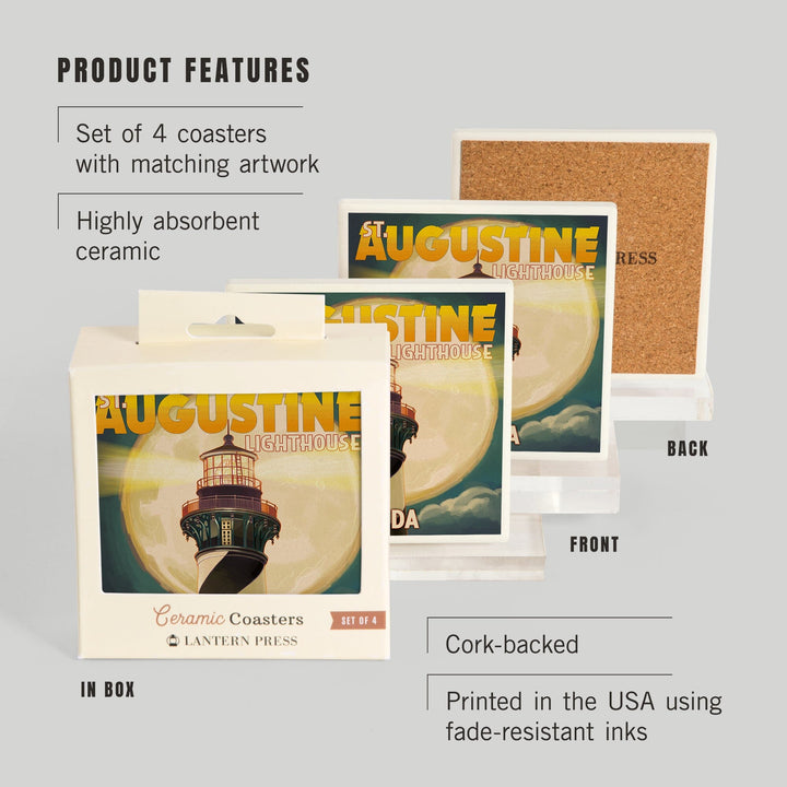St. Augustine, Florida, Lighthouse and Moon, Coasters Coasters Lantern Press 