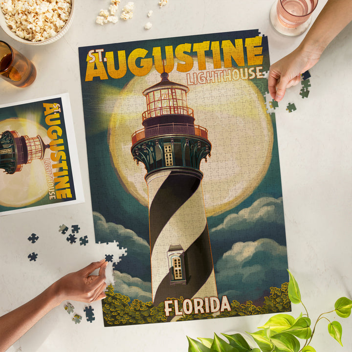 St. Augustine, Florida, Lighthouse and Moon, Jigsaw Puzzle Puzzle Lantern Press 