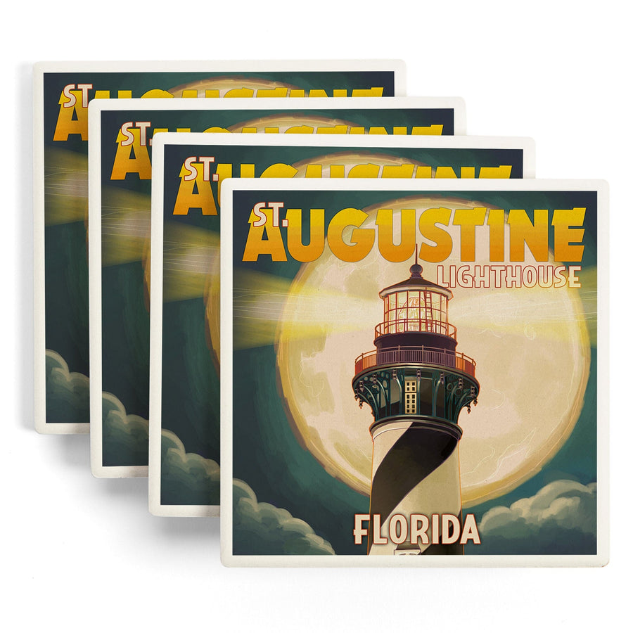 St. Augustine, Florida, Lighthouse & Moon, Lantern Press Artwork, Coaster Set Coasters Lantern Press 