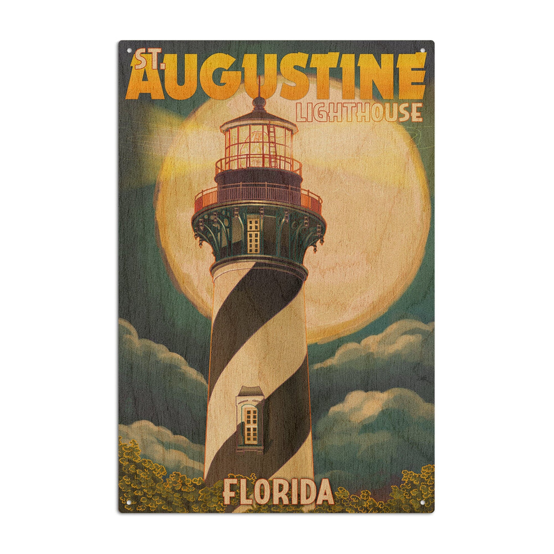 St. Augustine, Florida, Lighthouse & Moon, Lantern Press Artwork, Wood Signs and Postcards Wood Lantern Press 10 x 15 Wood Sign 