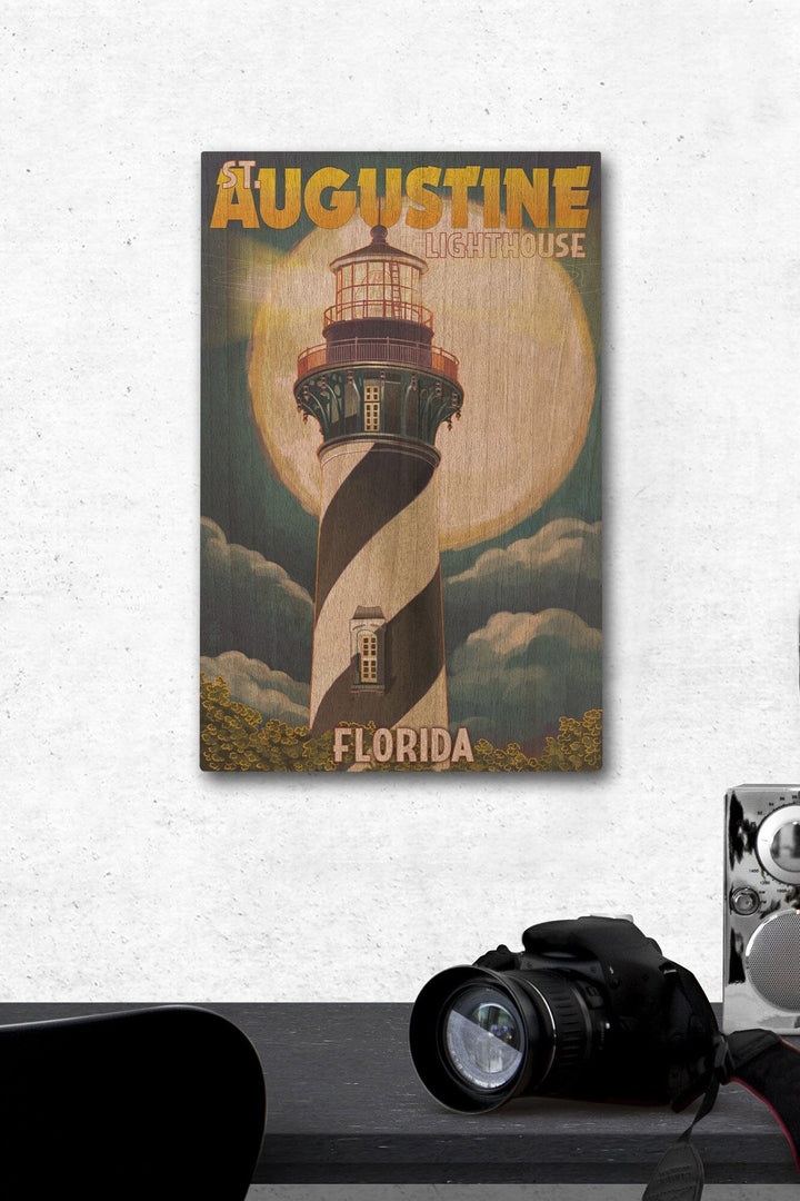 St. Augustine, Florida, Lighthouse & Moon, Lantern Press Artwork, Wood Signs and Postcards Wood Lantern Press 12 x 18 Wood Gallery Print 
