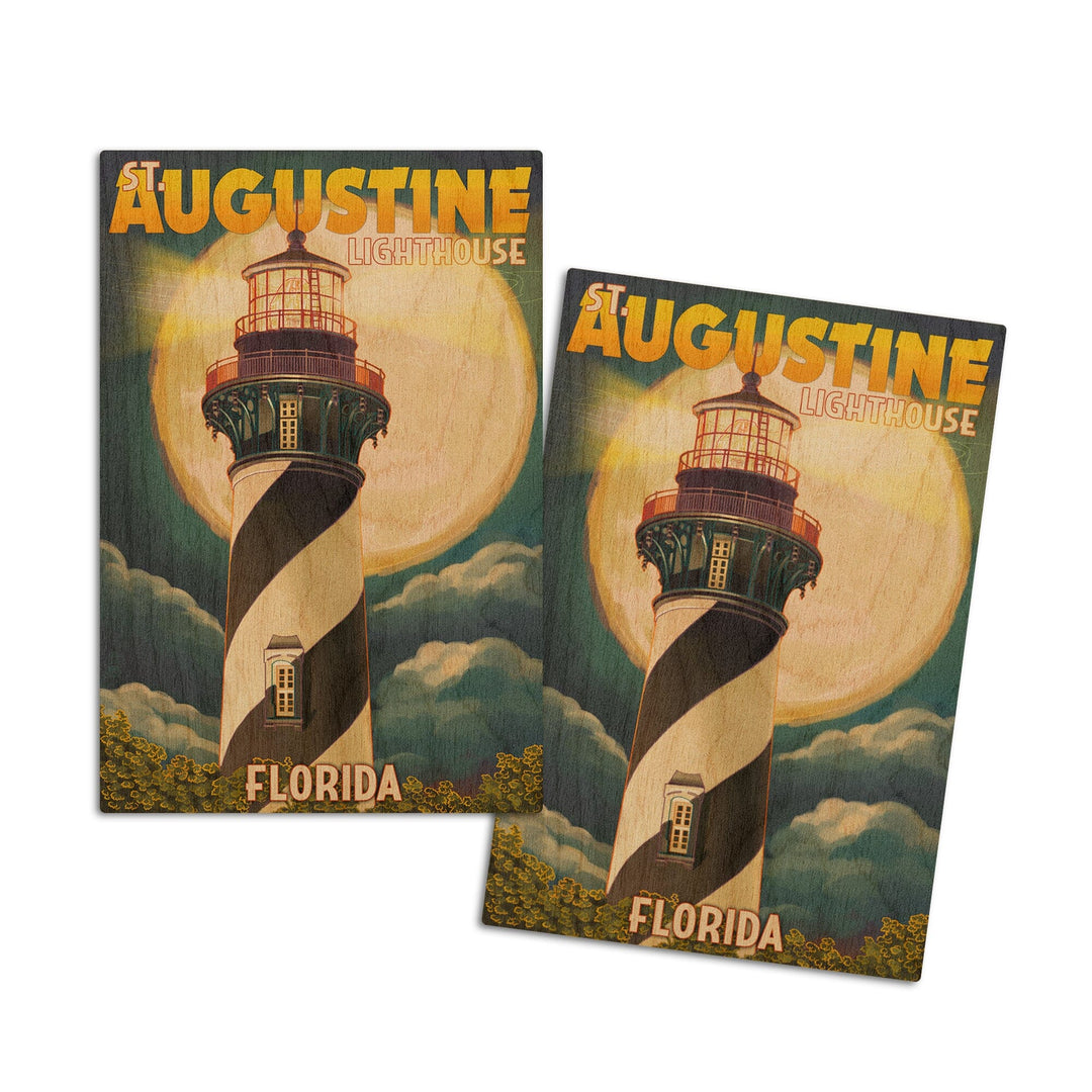 St. Augustine, Florida, Lighthouse & Moon, Lantern Press Artwork, Wood Signs and Postcards Wood Lantern Press 4x6 Wood Postcard Set 