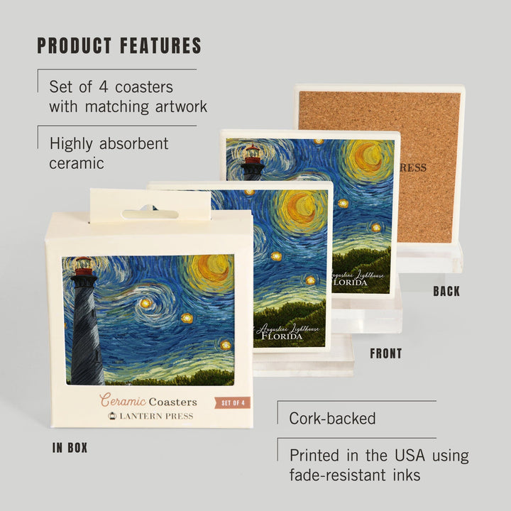 St. Augustine, Florida, Lighthouse, Starry Night, Coasters Coasters Lantern Press 