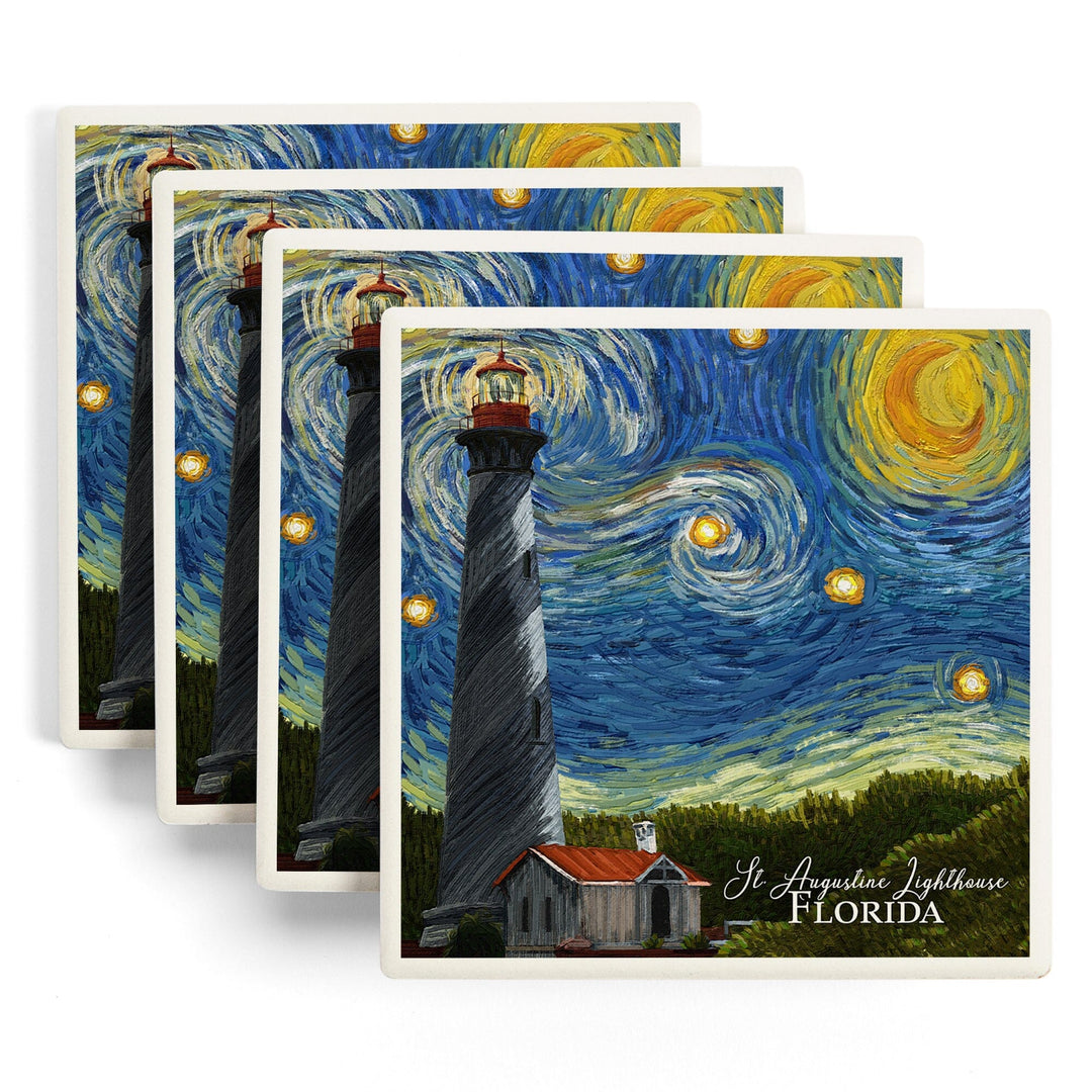 St. Augustine, Florida, Lighthouse, Starry Night, Lantern Press Artwork, Coaster Set Coasters Lantern Press 