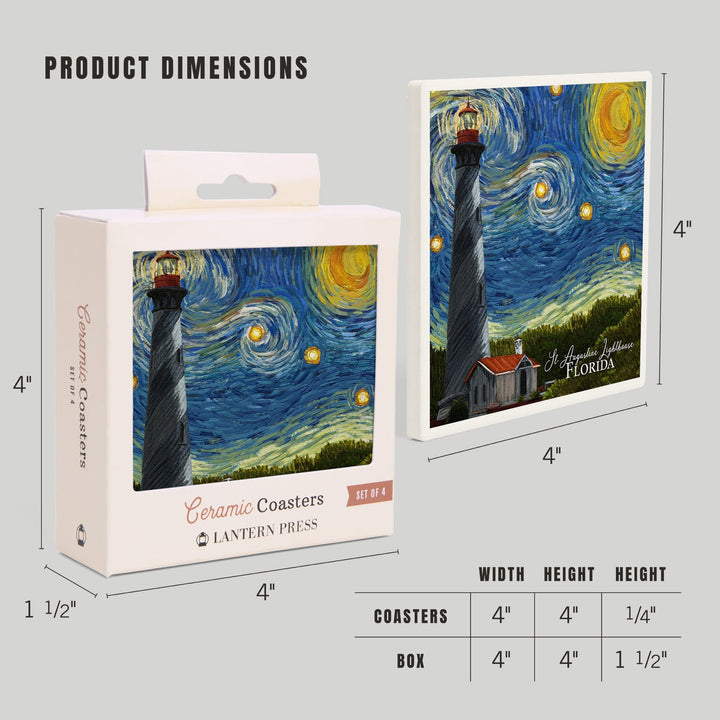 St. Augustine, Florida, Lighthouse, Starry Night, Lantern Press Artwork, Coaster Set Coasters Lantern Press 