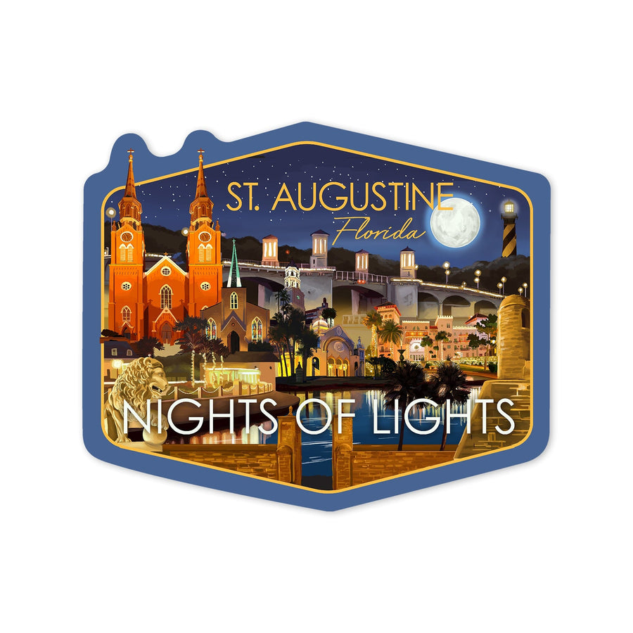 St. Augustine, Florida, Night Scene, Contour, Vinyl Sticker Sticker Lantern Press 